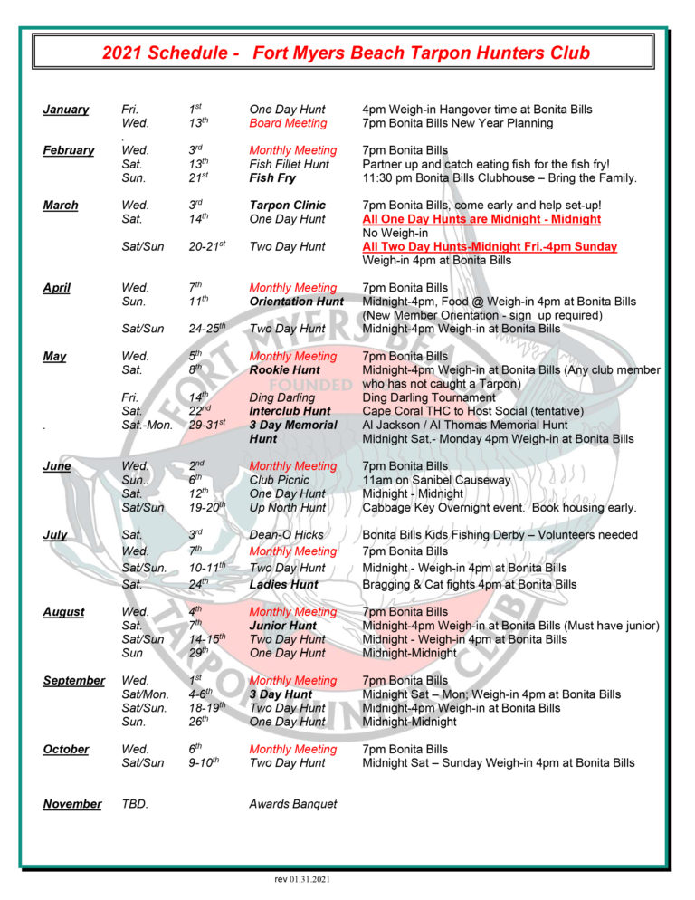 Hunt Schedule Fort Myers Beach Tarpon Hunters Club